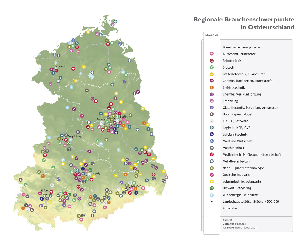 Karte regionale Branchenschwerpunkte in Ostdeutschland